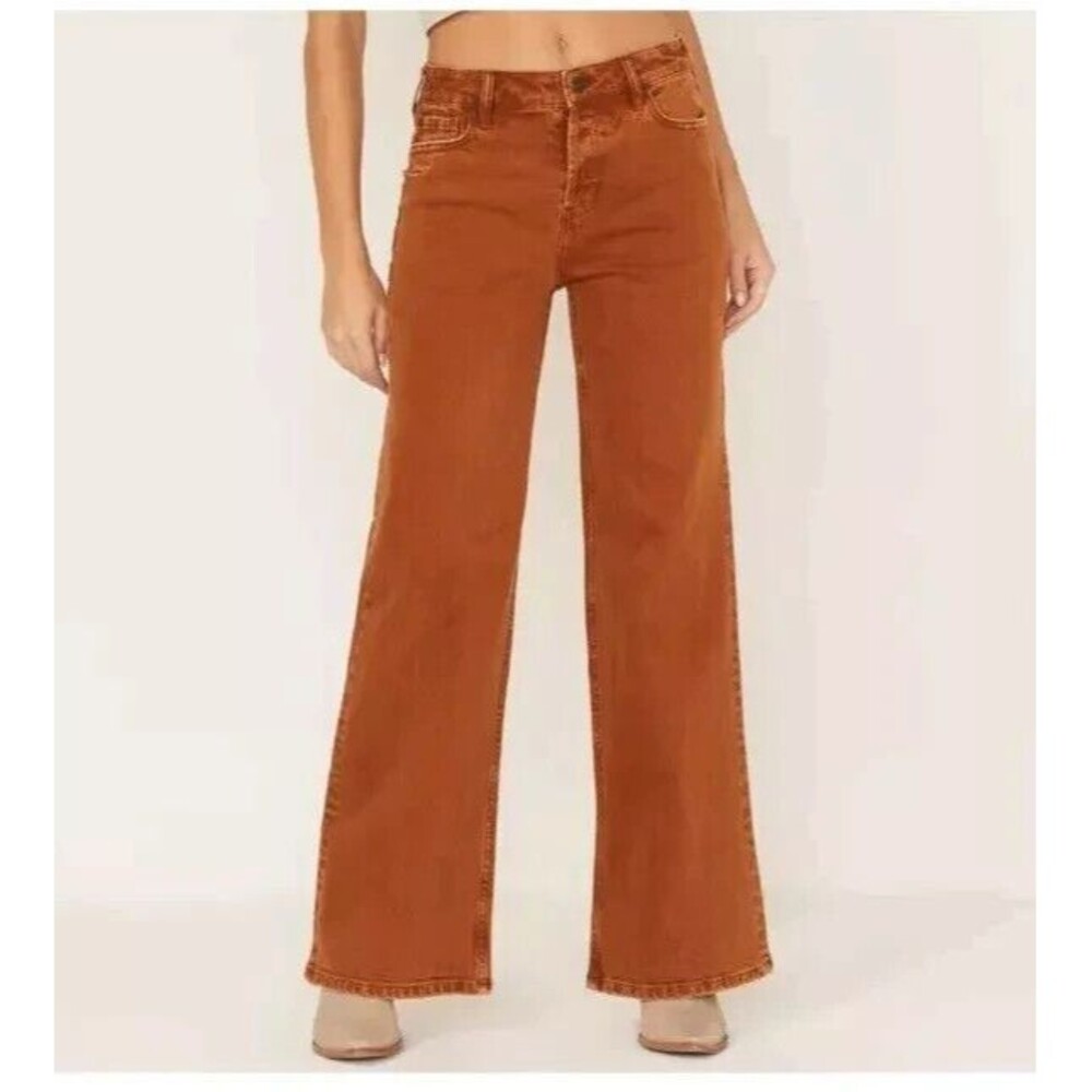 Cloe + Wolf Wide Leg Jeans Women 31X32 Copper‎ Brown Denim Distressed Button Fly